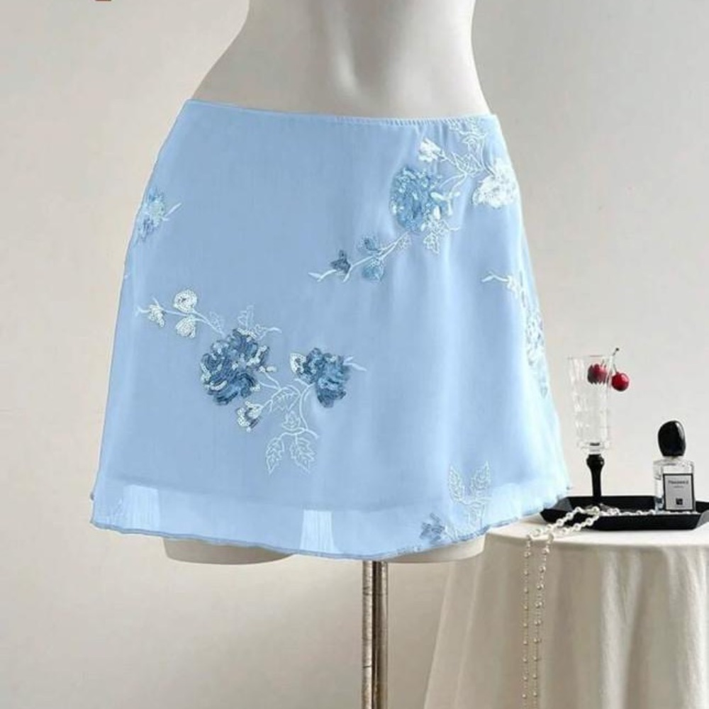 Light Blue Floral Embroidered Skirt